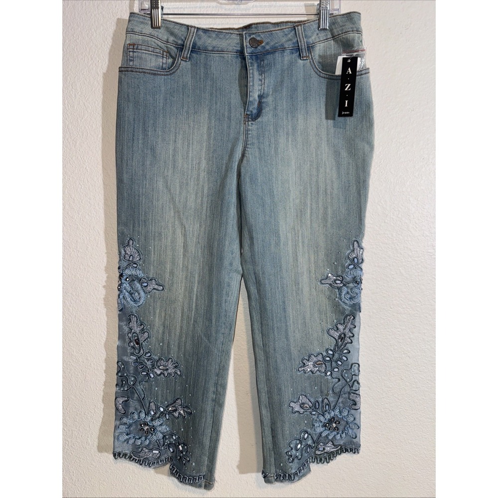AZI Jeans Rhinestone Embroidered  Women's 10 Jeans Low Rise Capri  BOHO Flowers